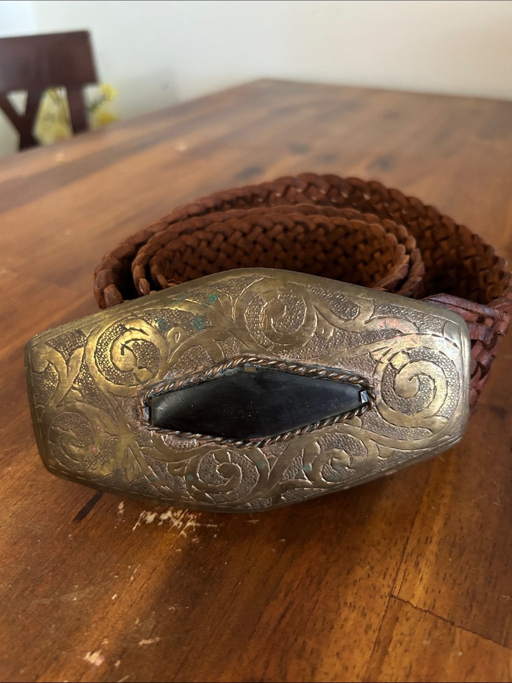 VintageBraided Cognac Leather Belt Engraved Antique Brass Buckle. Made in Mexico